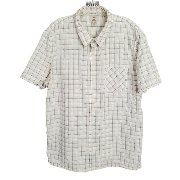 Timberland Mens Sz XXL Shirt Slim Fit Button Up Textured Camp 100% Cotton Plaid - Picture 2 of 7